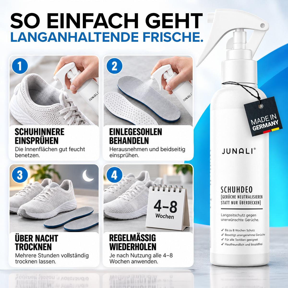 JUNALI® Schuhdeo Spray 250 ml – gegen Schuhgeruch, langanhaltend, biozidfrei