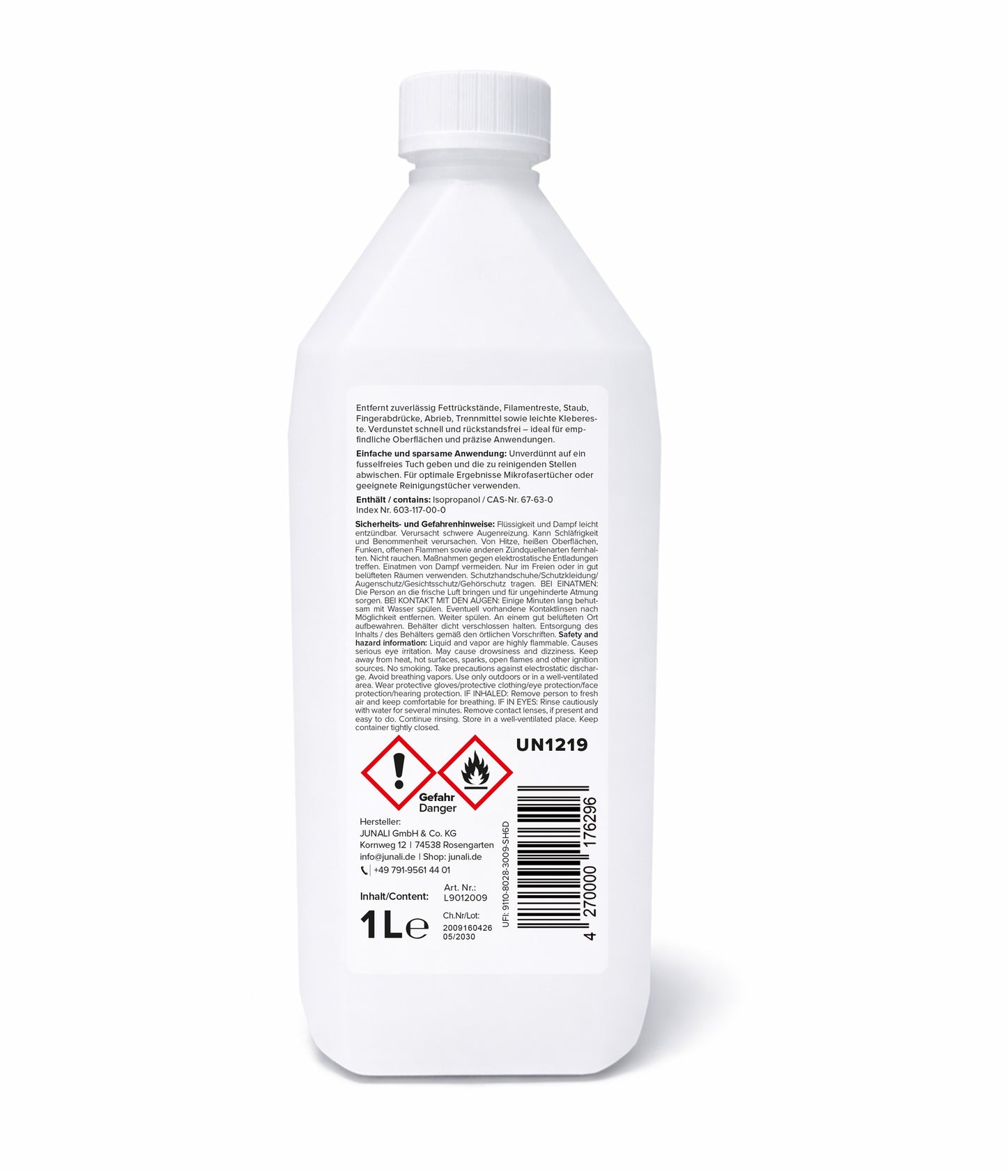 JUNALI® Isopropanol 99,9% Reinheit – Reinigungsmittel für 3D Drucker, Druckbett, Bauplatte & 3D Modelle
