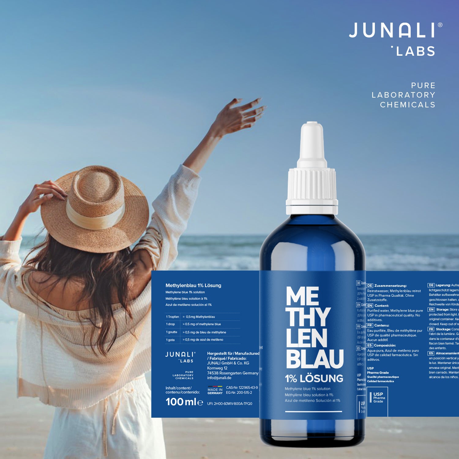 Solución azul de metileno 1% calidad USP Pharma, solución de 2x 100 ml, sin metales pesados, calidad probada en laboratorio, fabricado en Alemania par JUNALI Solución azul de metileno 1% calidad USP Pharma, solución de 2x 100 ml, sin metales pesados, calidad probada en laboratorio, fabricado en Alemania par JUNALI