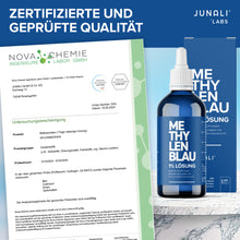 Laden Sie das Bild in den Galerie-Viewer, JUNALI® Methylenblau Lösung 1% USP pharmazeutische Qualität (2x 100 ml)
