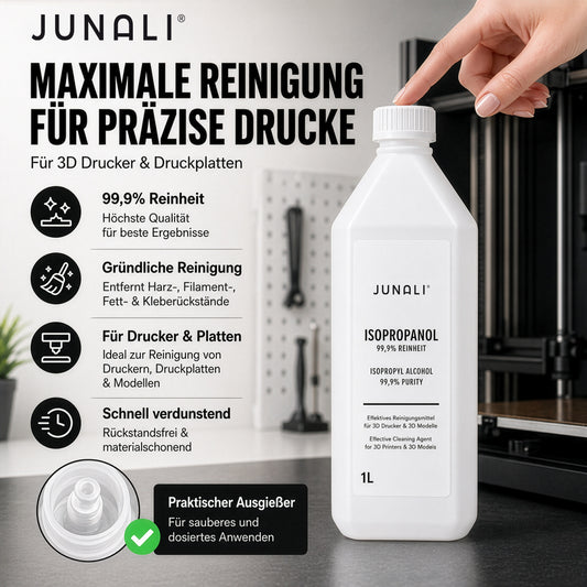 JUNALI® Isopropanol 99,9% Reinheit – Reinigungsmittel für 3D Drucker, Druckbett, Bauplatte & 3D Modelle