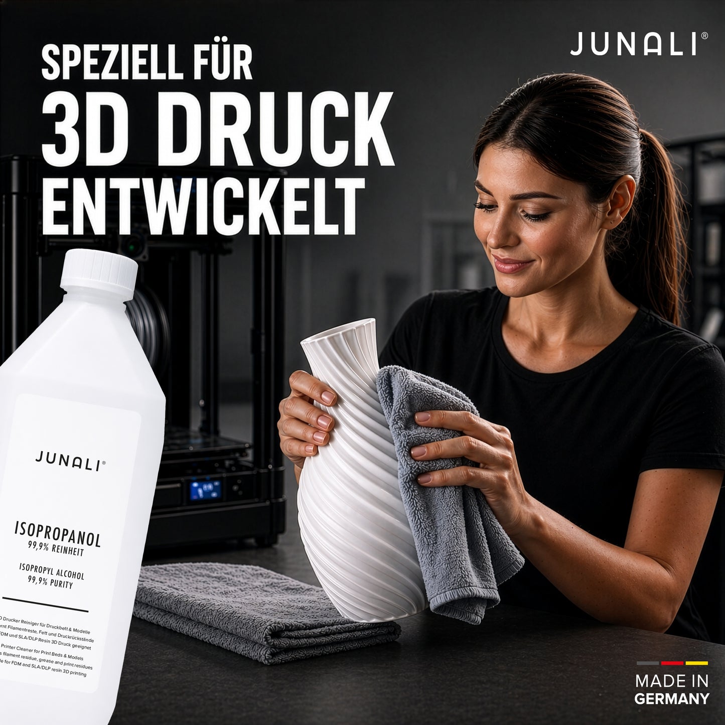 JUNALI® Isopropanol 99,9% Reinheit – Reinigungsmittel für 3D Drucker, Druckbett, Bauplatte & 3D Modelle