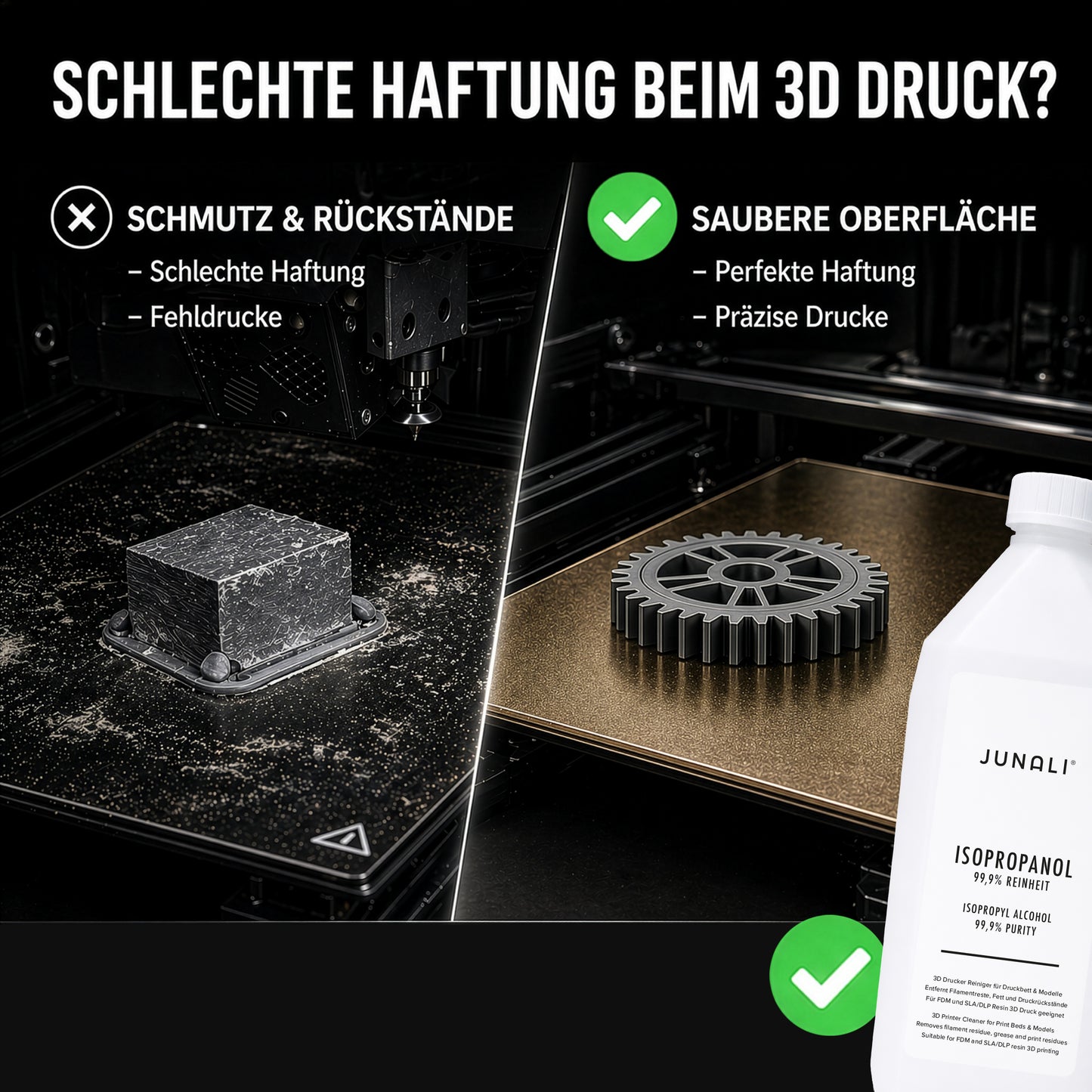 JUNALI® Isopropanol 99,9% Reinheit – Reinigungsmittel für 3D Drucker, Druckbett, Bauplatte & 3D Modelle